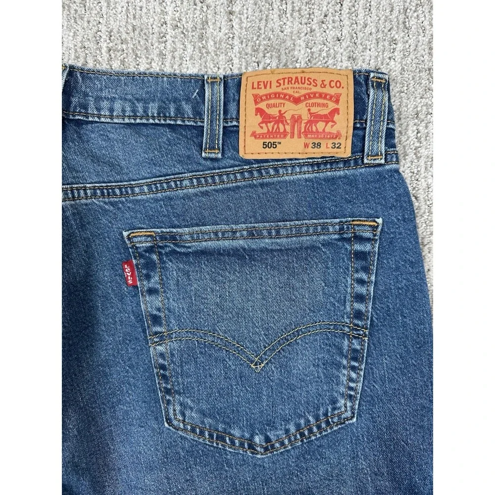 Levis 505 Jeans Mens 38x32 Regular Straight Stretch Blue Medium Wash Denim
